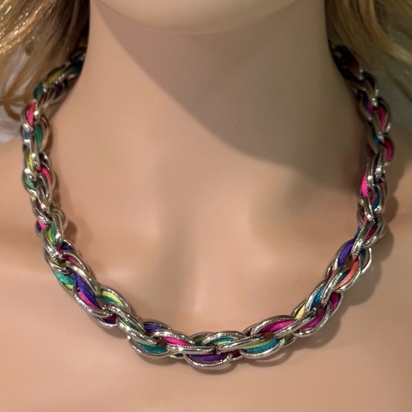 Belle Miss Multi-Color Ribbon Woven Silver Tone Statement Necklace - Picture 1 of 10